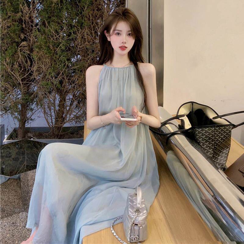 欧洲站夏网红新款飘逸仙女裙减龄优雅挂脖吊带长裙度假旅游连衣裙