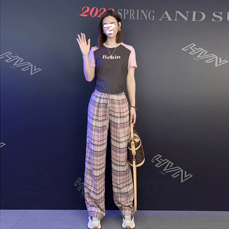 欧洲站时尚休闲运动套装女2025年新款夏季小个子短袖格子裤两件套