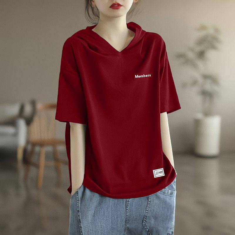 酒红色纯棉连帽短袖T恤女夏季胖MM大码欧货小衫宽松半袖体恤上衣