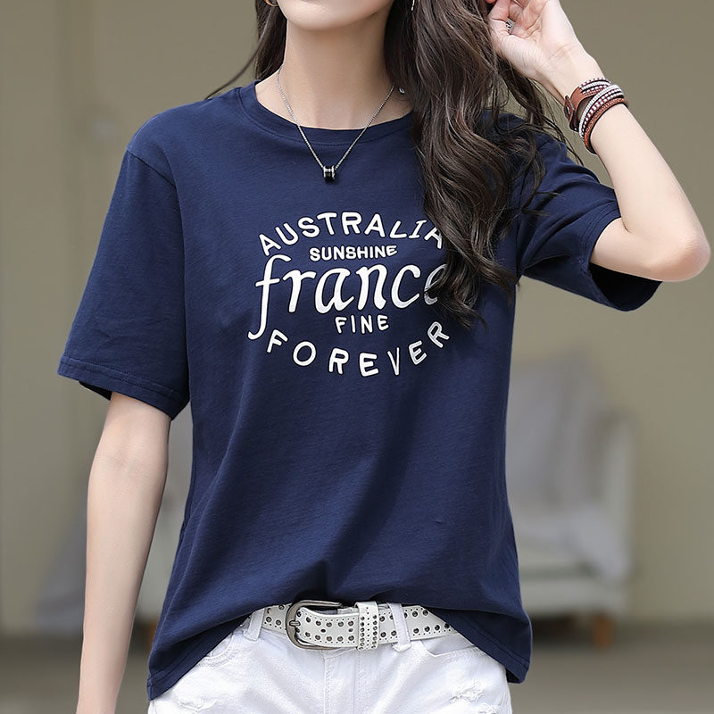 韩国短袖T恤女2024年新款宽松大码纯棉半袖字母印花夏季体桖上衣