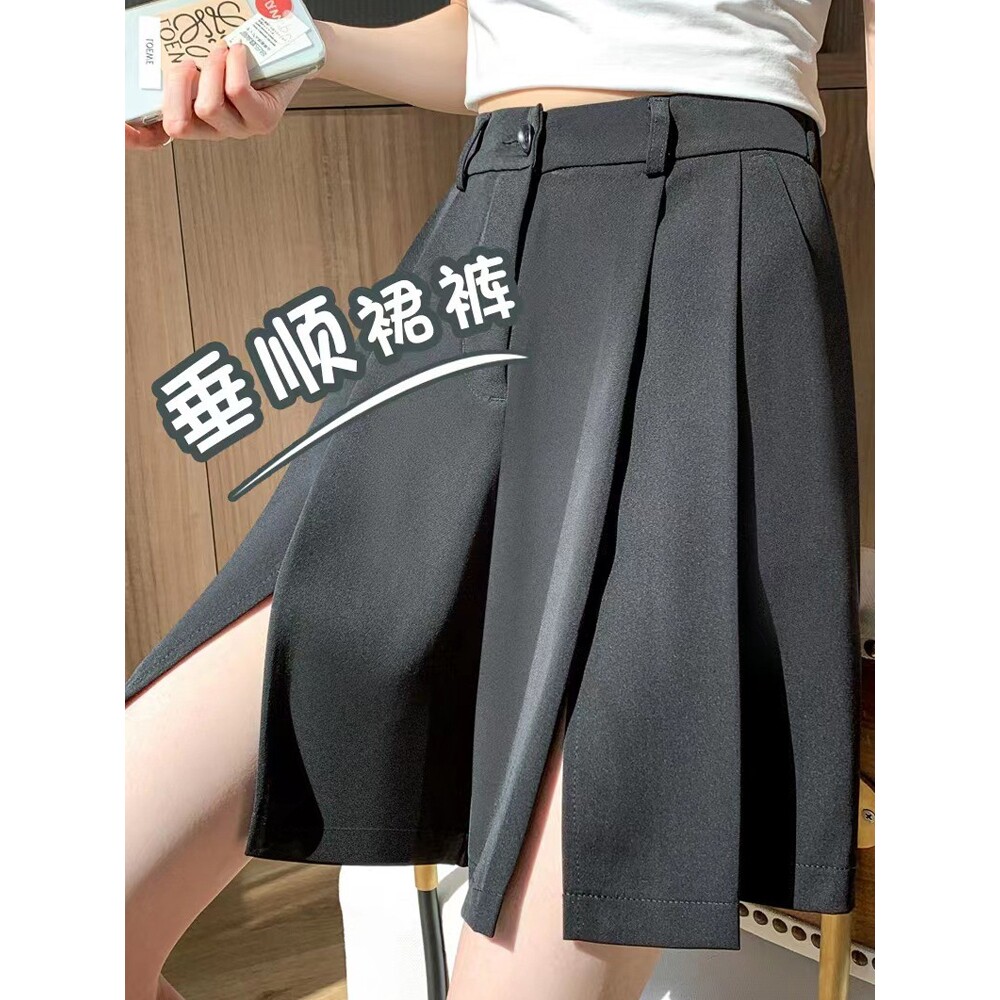 开叉西装短裤女高腰夏季薄黑色宽松显瘦百搭休闲五分百褶阔腿裙裤