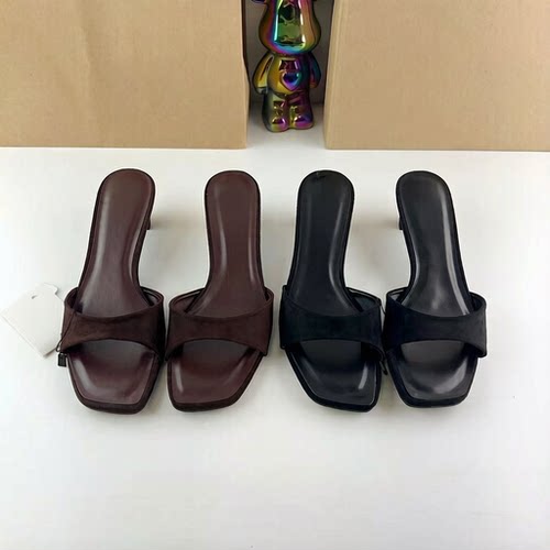 ZA西班牙春季新品女鞋棕色方头粗跟穆勒鞋女格纹拼接露趾高跟凉鞋