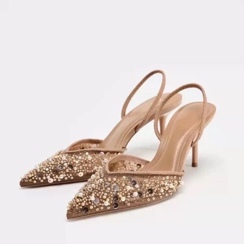 ZAMBA春季新品 女鞋 杏色串珠镶饰网面露跟尖头细高跟穆勒凉鞋