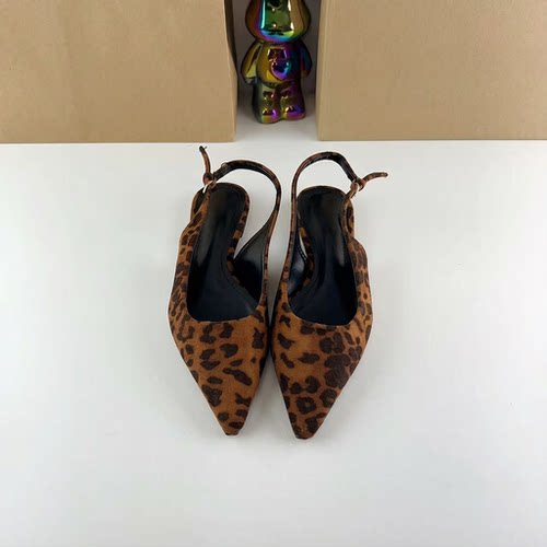 ZA西班牙春季新品 女鞋 豹纹印花皮革浅口一字搭扣尖头露跟平底鞋