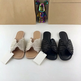 ZA西班牙夏季新品 女鞋 香槟色黑色串珠珍珠一字拖欧美风平底拖鞋