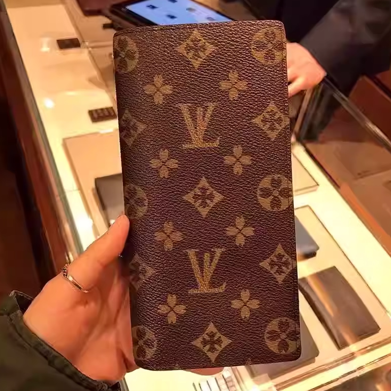 LVOG男士经典老花时尚棕色lv-r长款多卡位对折拉链钱包真皮手拿包