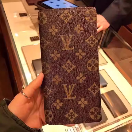 LVOG男士经典老花时尚棕色lv-r长款多卡位对折拉链钱包真皮手拿包