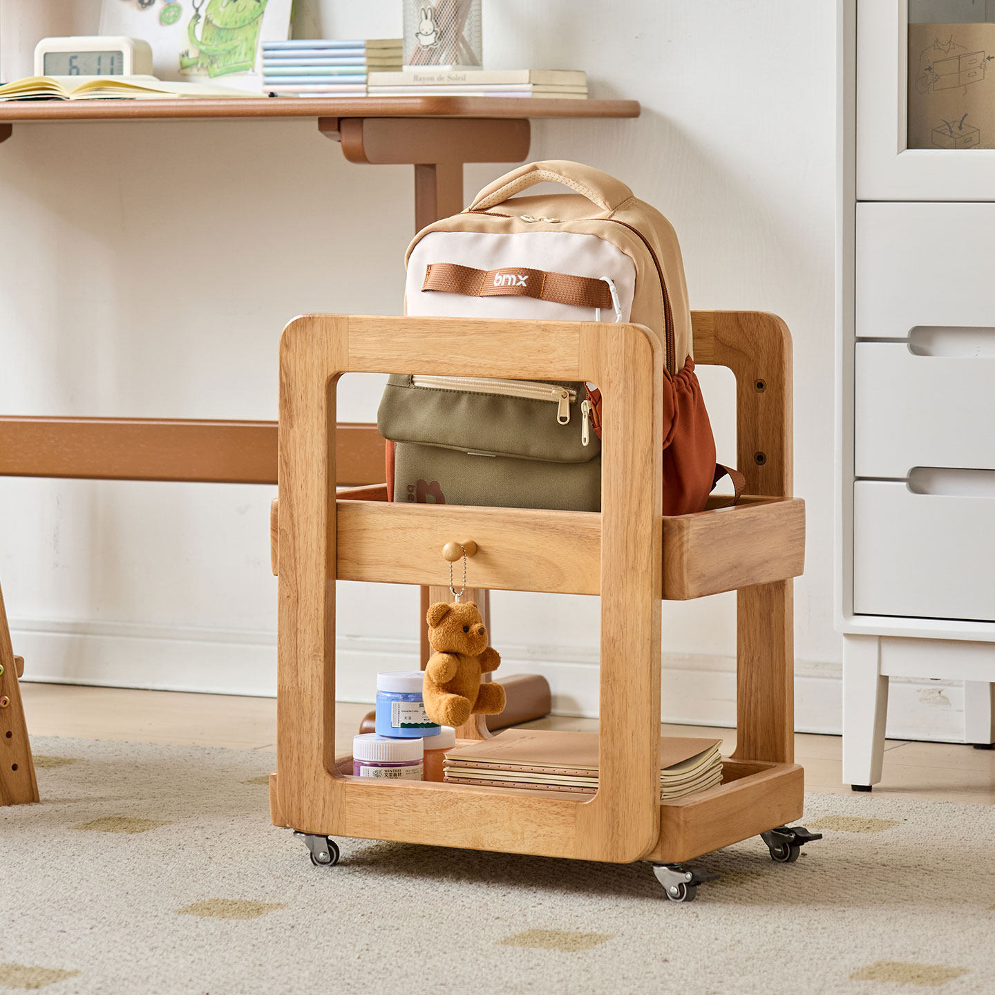 全实木儿童书包置物架桌旁桌下可移动书架收纳小推车放书包整理架,收纳整理,整理架/置物架/收纳架,淘宝优惠券,粉丝福利购,淘宝优惠卷
