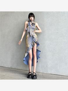 vintage古着镭射渐变人鱼姬轻奢挂脖连衣裙荷叶边显瘦不规则长裙