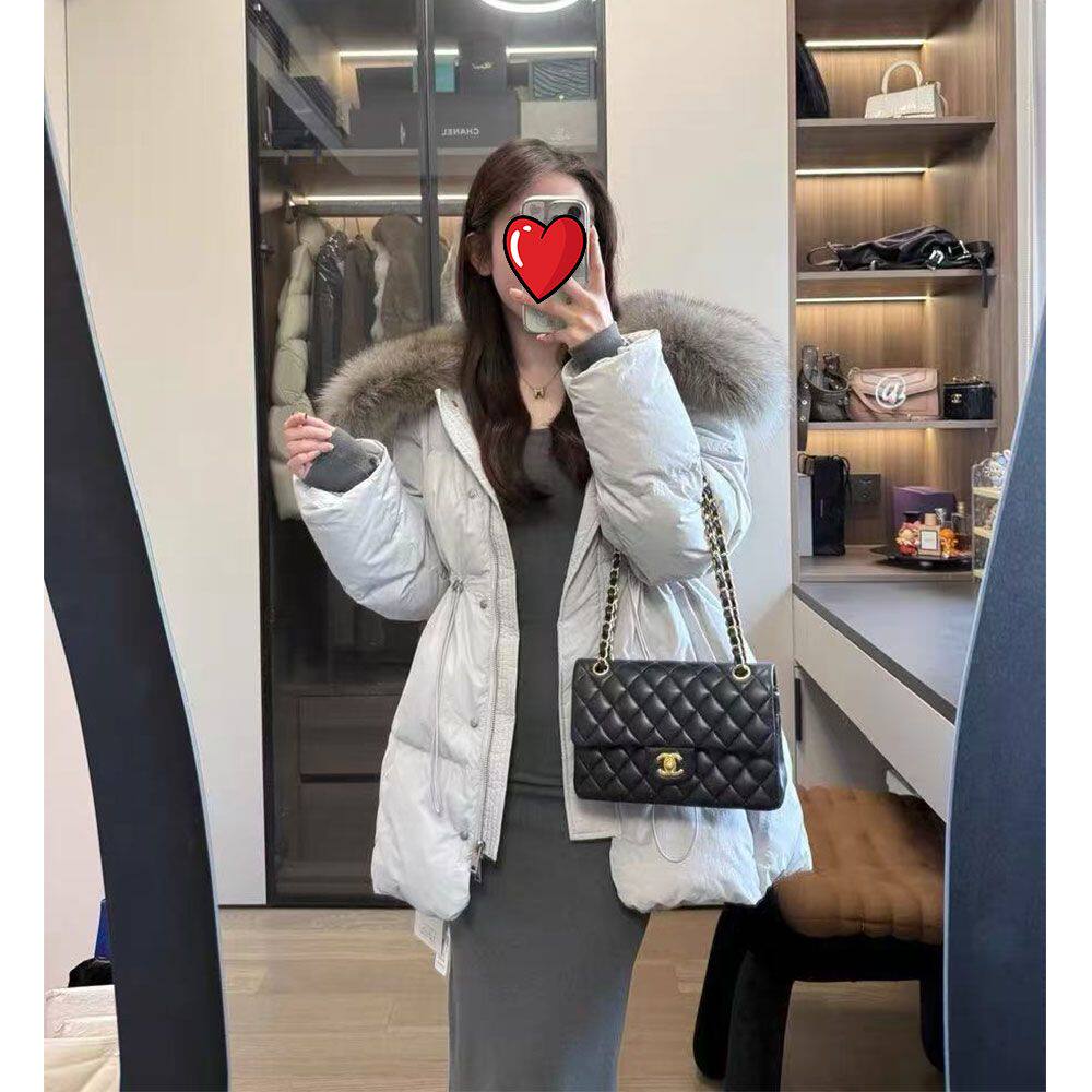 韩系大毛领收腰中长款羽