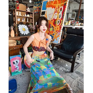 古拉良品色块拼接无袖背心连衣裙设计感多巴胺长裙夏