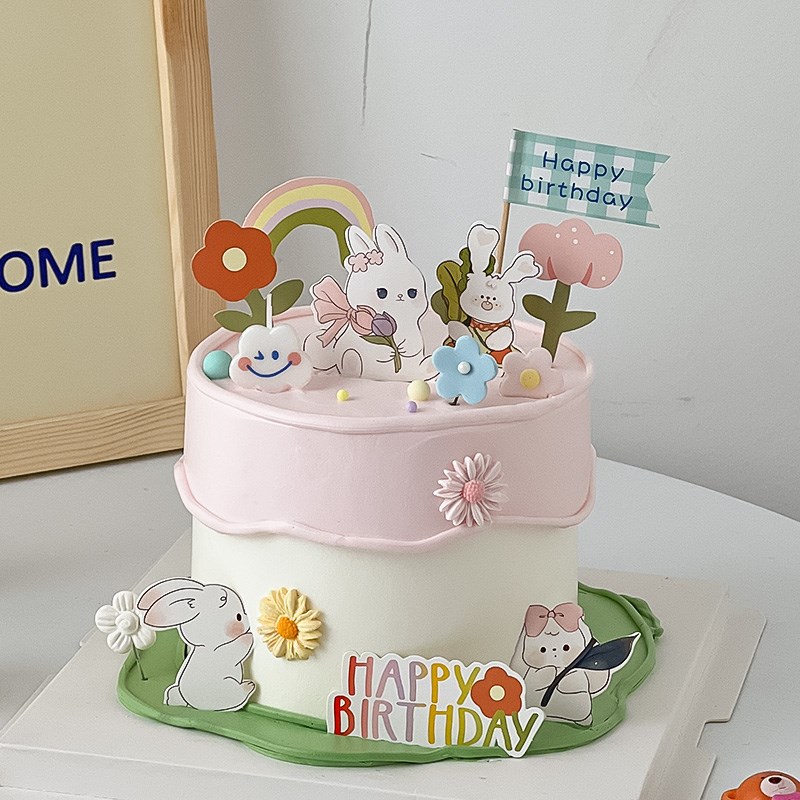 儿童生日蛋糕装饰可爱小兔子卡通插牌生日快乐韩式复古烘焙插件