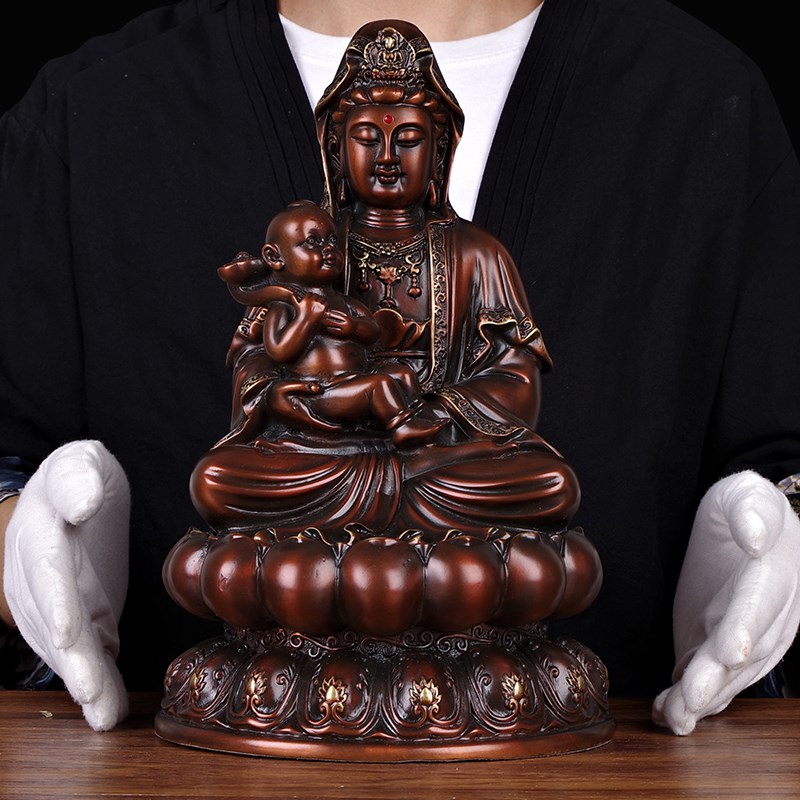 彩铜观世音摆件风水客厅卧室观音送子装饰品中式送子童供奉工艺品