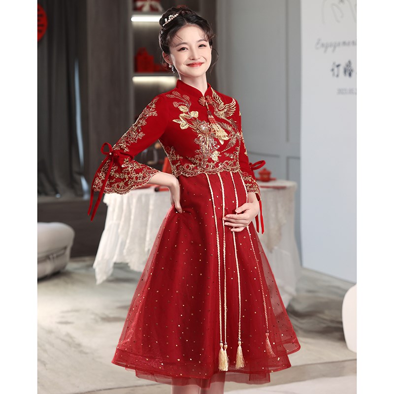 孕妇敬酒服新娘高级感中式旗袍遮肚小个子结婚订婚礼服裙大码胖mm