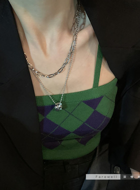 小众设计双层叠戴潮酷项链女生秋冬嘻哈多层钛钢不掉色毛衣链女士