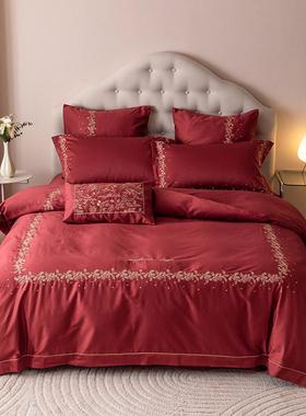 2v06风浪欧式漫婚庆100支全棉四件套大红色刺绣结婚被套床上用品