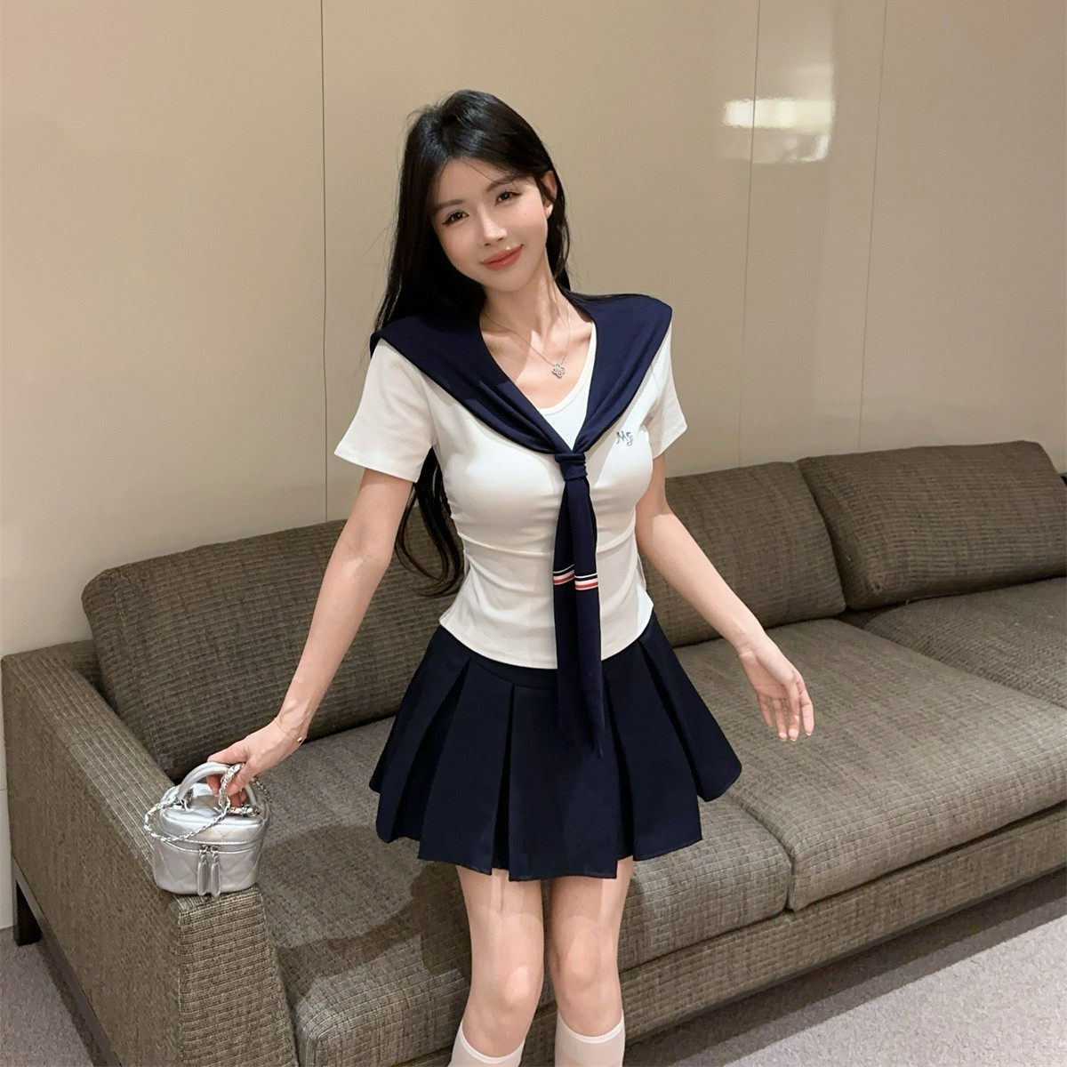 夏季jk制服套装女甜辣高级感收腰显瘦短袖披肩上衣半身裙两件套女