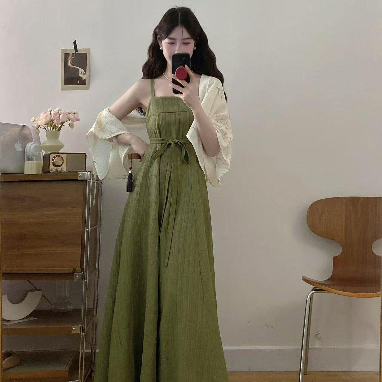 新中式国风改良汉服汉元素开衫吊带裙两件套女夏大码气质显瘦套装