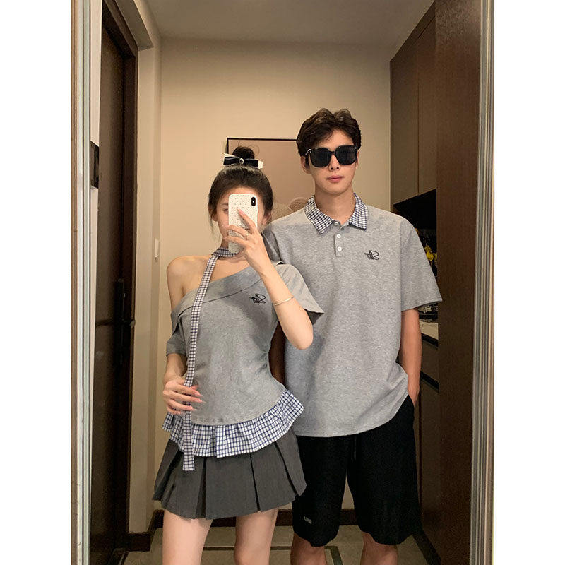 情侣装夏季短袖T恤女上衣斜肩2026新款高级感整套装全身一衣一裙