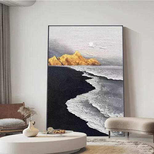 手绘油画日照金山客厅沙发背景装饰画抽象沙滩海浪厚肌理玄关挂画