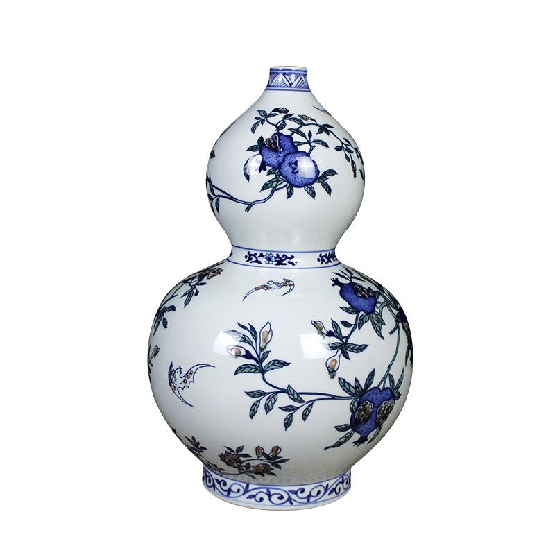 陶瓷器仿古花瓶手绘福寿图葫芦瓶中式客厅装饰品摆件