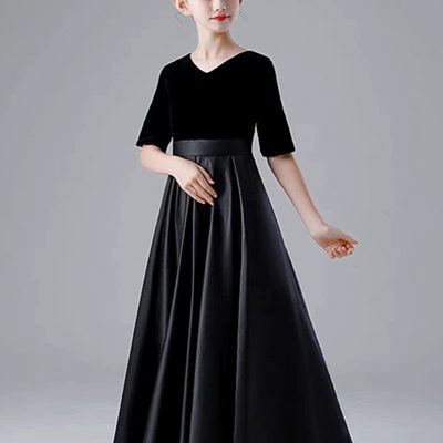 小学生初中裙晚礼服黑色丝绒女童礼服钢琴演出服公主裙小提琴演奏