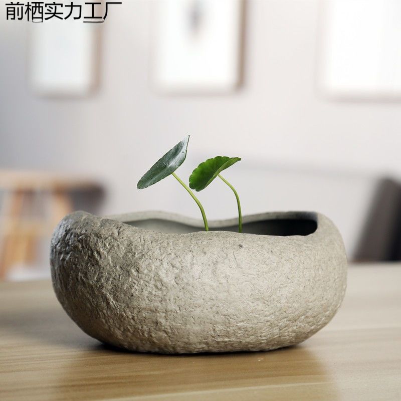 水栽铜钱碗莲睡莲水仙花花盆陶瓷创意仿石头无孔水培水养专用盆..