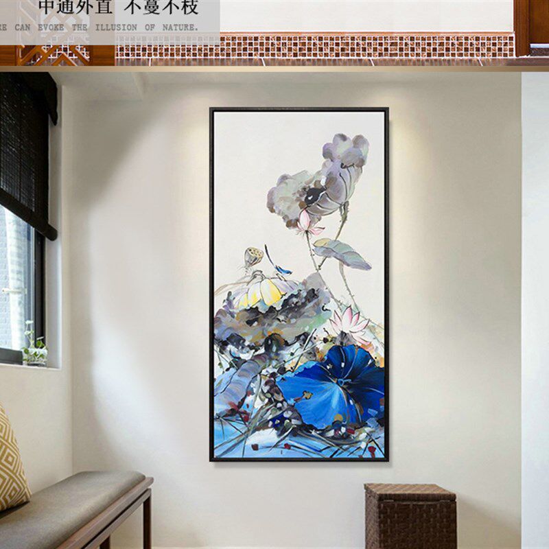 极速鸟荷花现代简约抽象油画玄关装饰画竖版新中式有框画走廊过道