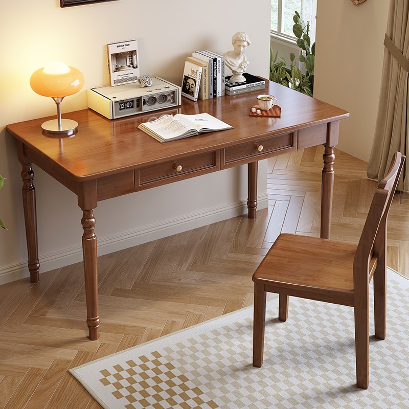 全实木美式书桌轻奢家用学生写字桌现代简约书房简易办公电脑桌子