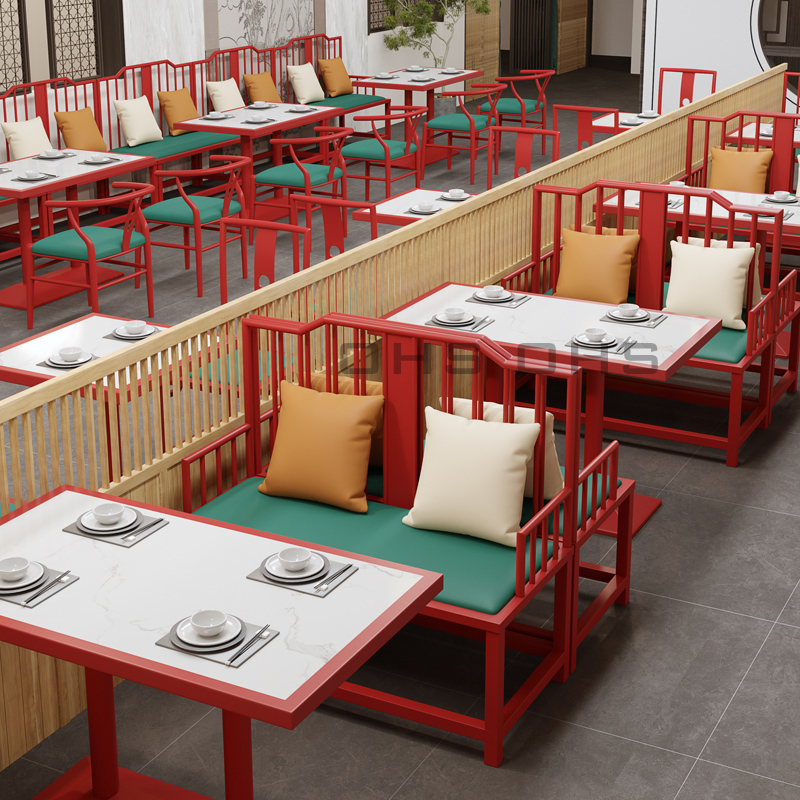 红色桌椅国潮中国风茶楼酒馆火锅店中式餐饮沙发卡座组合铁艺定制