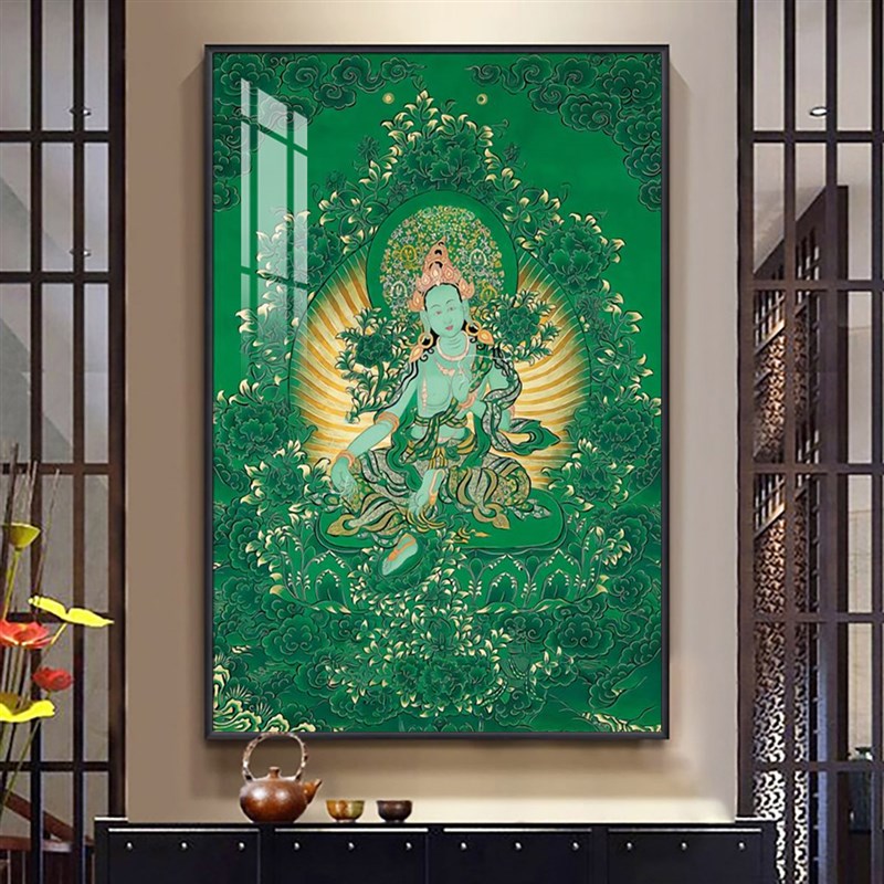速发绿色唐传挂画藏卡佛像装饰画客厅玄关佛唐中姝画文堂普贤菩萨