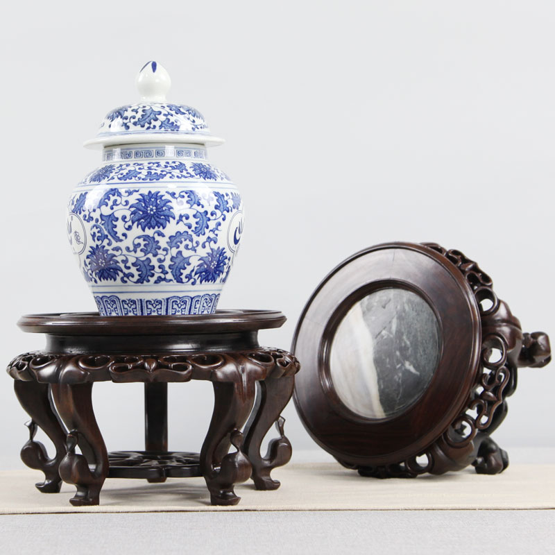 速发黑檀木圆形底座实木质几棠海镶石理石木雕奇大头花盆花瓶佛像