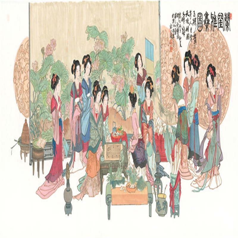 高清复制字画  川 开门雅集仕女图 金陵十二钗 96X218厘米