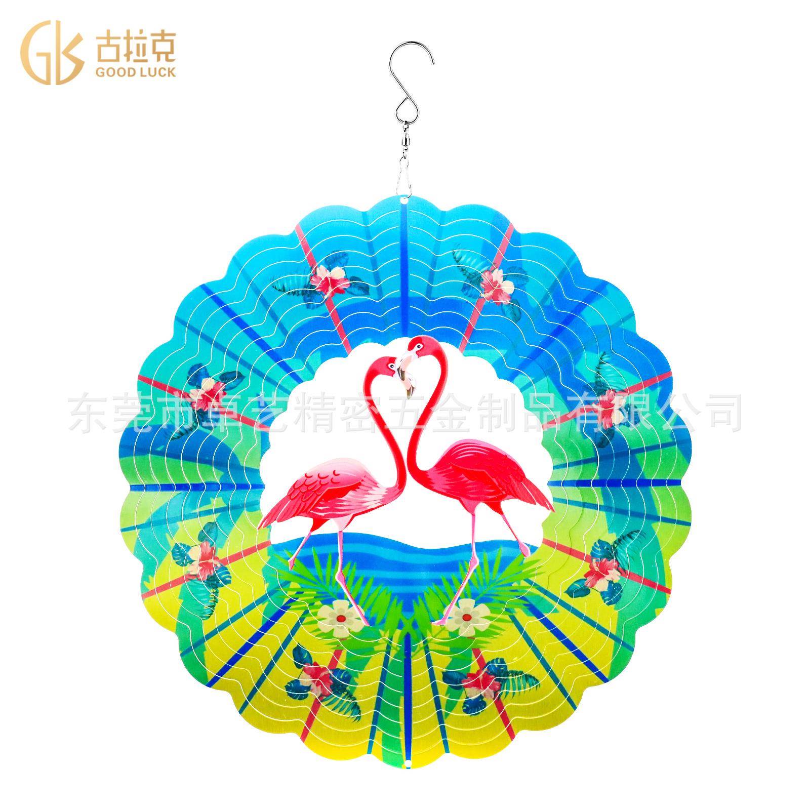跨境新品3d风铃风转蓝黄火烈鸟花园庭院不锈钢挂饰flamingo