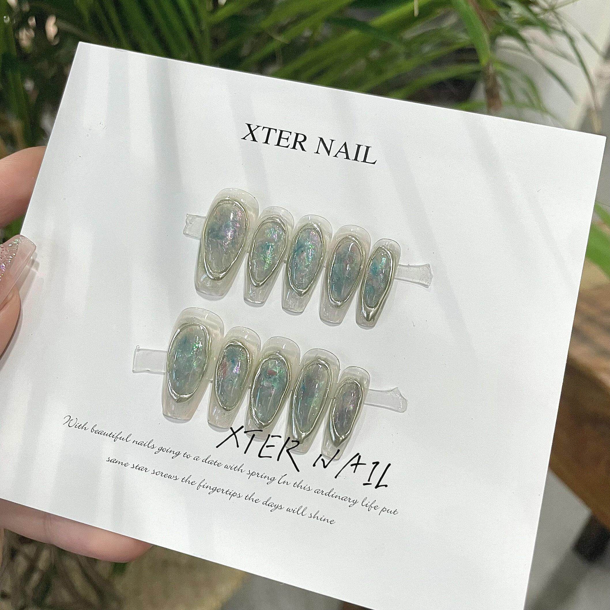 夏季网红宝石极光蓝仙女穿戴可拆卸美甲成品手工定制假指甲贴片