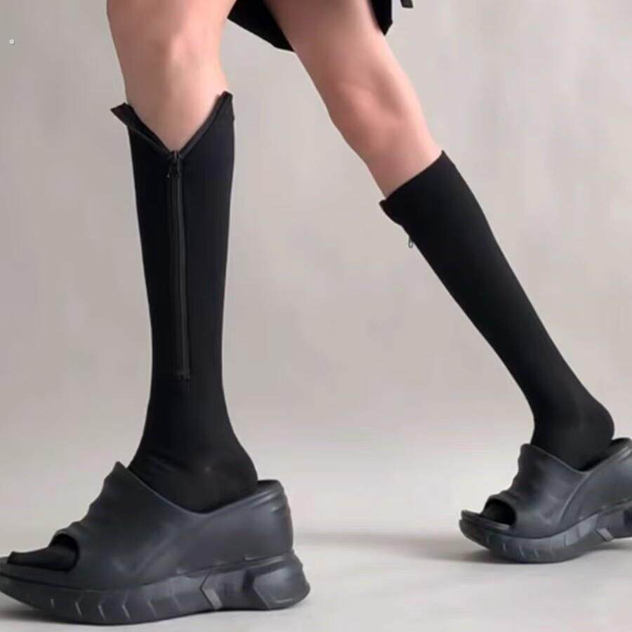 黑色长筒运动袜女辣妹运动风条纹侧边拉链简约显瘦塑形压力小腿袜