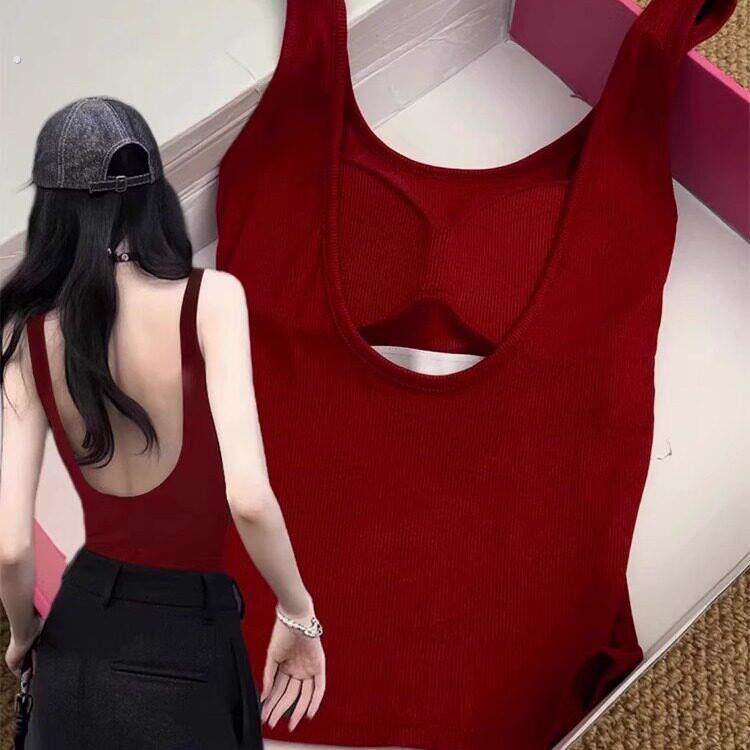 红色露背吊带小背心女夏u型美背文胸一体内搭带胸垫辣妹外穿上衣