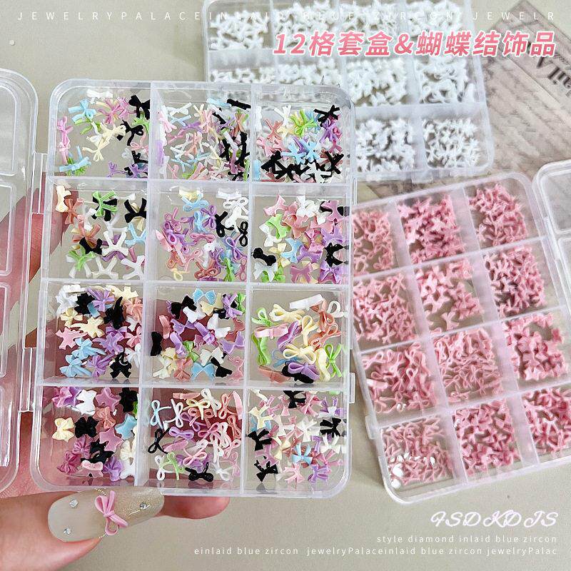 爆款12格迷你蝴蝶结美甲工具饰品大小混装黑白粉色领结指甲钻配饰