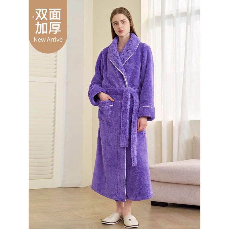 秋冬季舒棉绒睡袍女冬加厚加绒珊瑚绒睡衣女款大码浴袍加长到脚踝