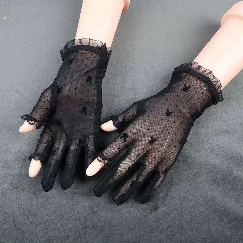 夏季防晒露指蕾丝手套女性感薄款网纱半指网红覆古手袜短款名媛风