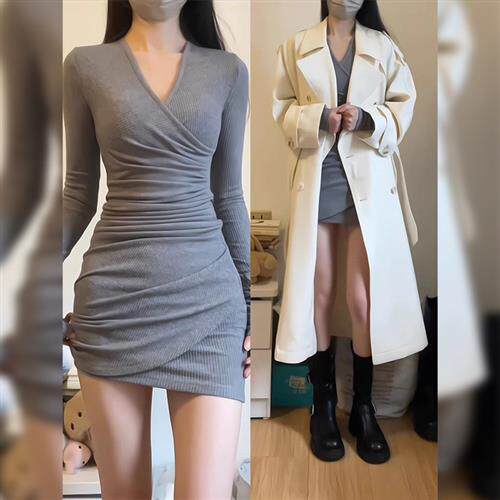灰色V领针织包臀连衣裙女春秋大衣内搭收腰修身显瘦打底短款裙子