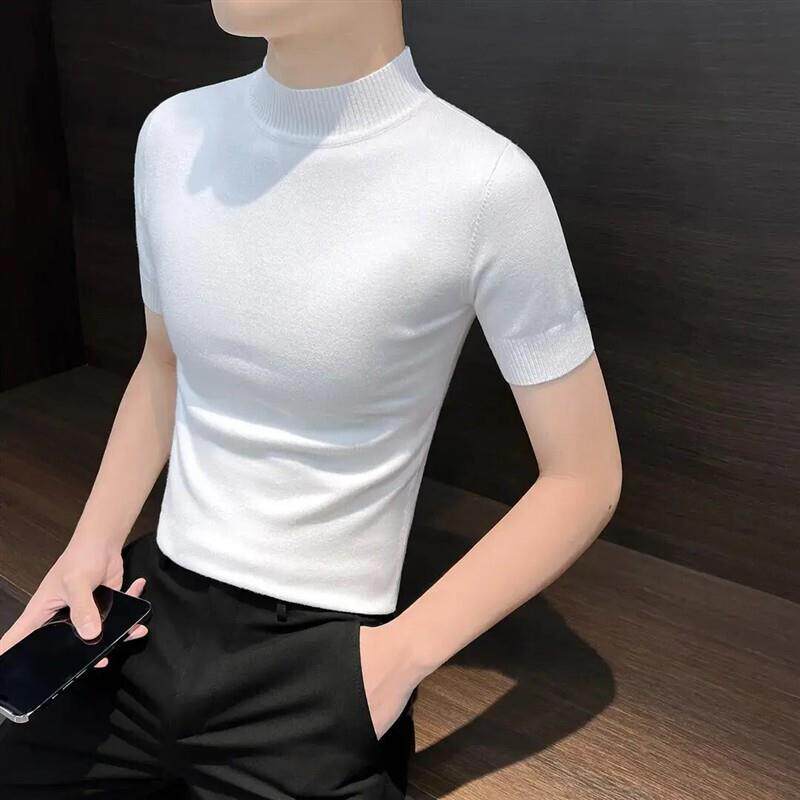 FC服饰轻奢半高领针织短袖T恤男款2026新款痞帅男士西装内搭打底