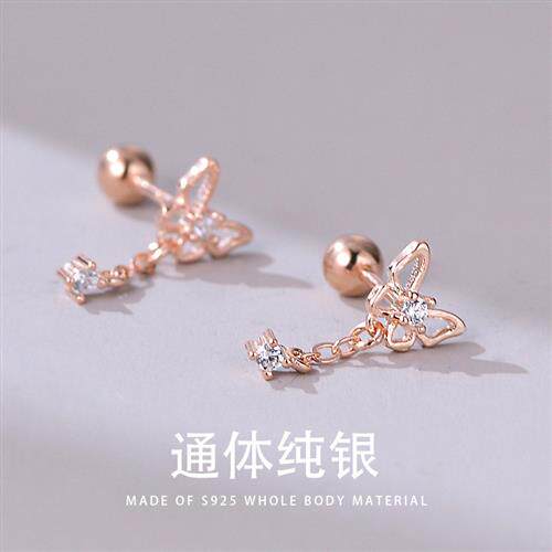925银蝴蝶结螺丝镶钻耳钉结婚纪念日送老婆情侣时尚甜美耳坠耳环