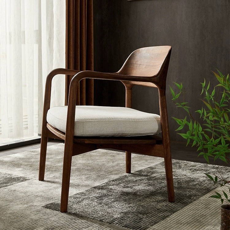 北美黑胡桃木单人沙发椅北欧客厅餐椅实木软包沙发全实木北欧风