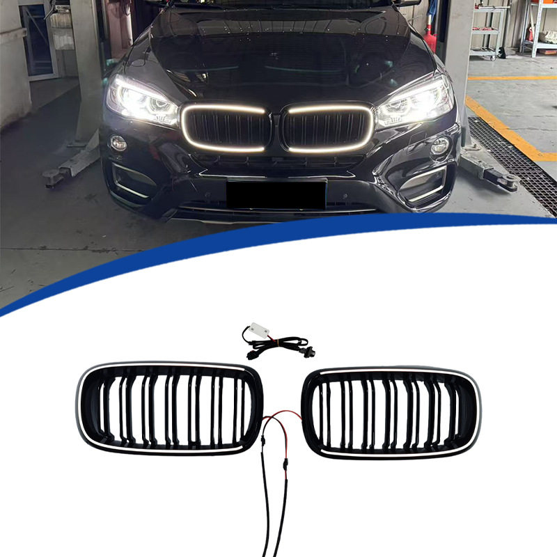 适用于14-18款F15宝马X5 X6双线款LED带灯发光中网替换安装