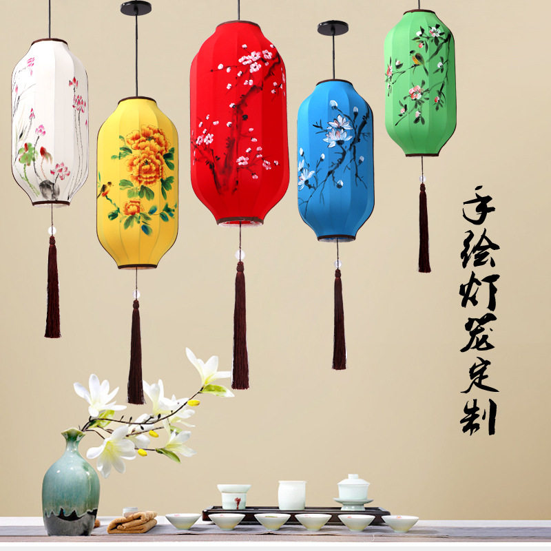 中式布艺手绘灯笼仿古典宫灯餐厅茶楼过道创意冬瓜长形布艺吊灯具