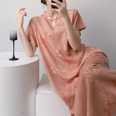 Q棉绸世家复古中式改良旗袍睡裙2026夏秋绵绸印花文艺家居服连衣