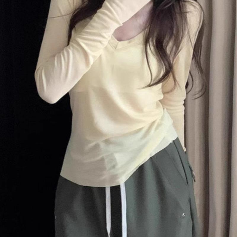 慵懒风微透薄款小众罩衫休闲V领长袖T恤女夏宽松显瘦外穿防晒上衣