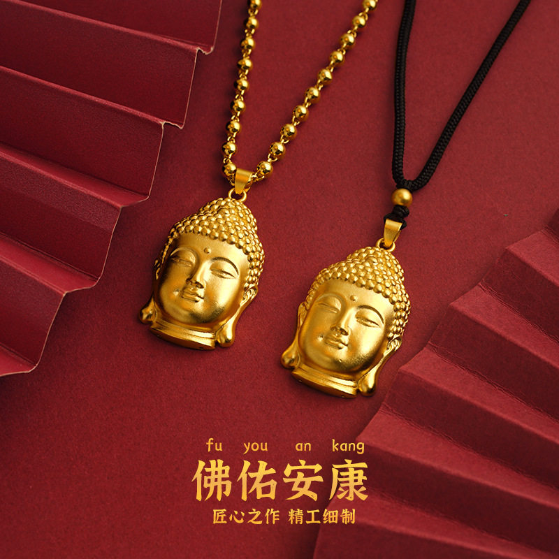 沙金民族风佛头项链百搭仿黄金佛公圆珠链子铜饰沙金吊坠配饰新品