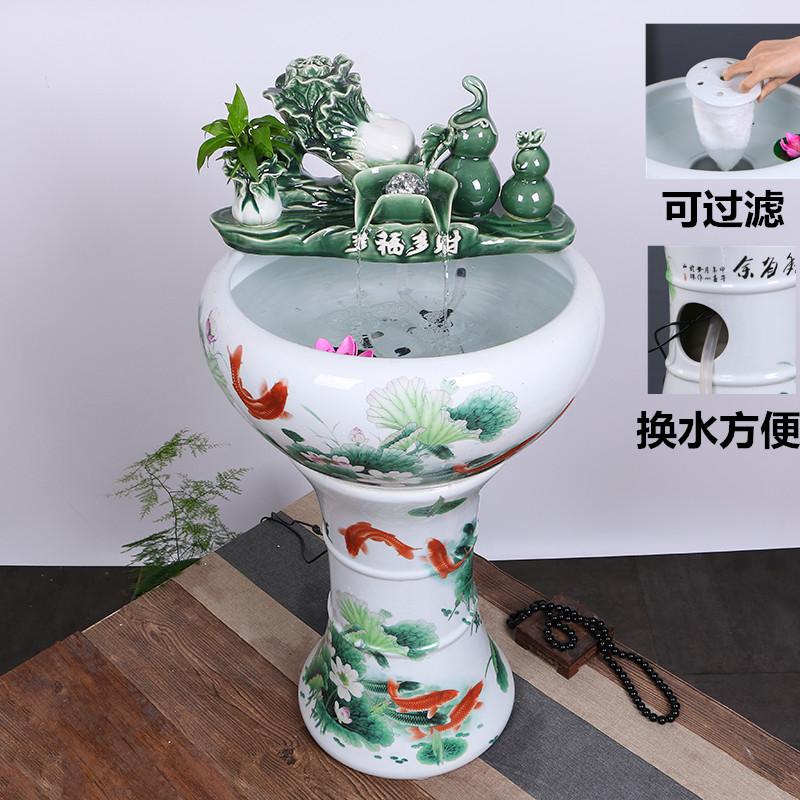 陶瓷落地式立柱鱼缸家用流水喷泉大号养鱼盆加湿过滤客厅装饰造景